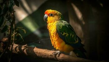 Vibrant macaw perching on branch, looking at camera in nature generated by AI photo
