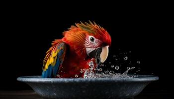 Vibrant gold and blue macaw perching on branch in rainforest generated by AI photo