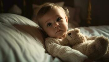 linda caucásico niñito jugando con osito de peluche oso en acogedor cama generado por ai foto