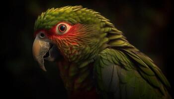 Vibrant gold and blue macaw perching on branch in rainforest generated by AI photo