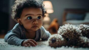 Cute child playing with toy, smiling in comfortable home environment generated by AI photo