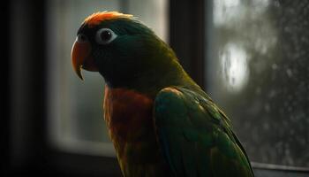 Vibrant macaw perched on branch, gazing with colorful feathered eye generated by AI photo