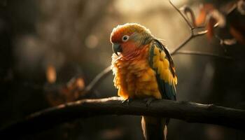 Vibrant gold and blue macaw perching on branch in tropical forest generated by AI photo