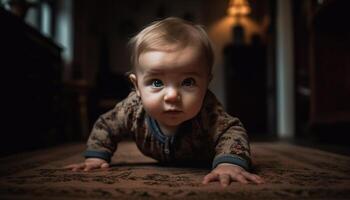 Smiling baby boy, crawling and playing, brings joy and innocence generated by AI photo