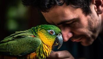 Cute macaw holding yellow feather, smiling for human portrait outdoors generated by AI photo