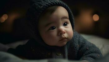 sonriente bebé chico, mirando a cámara, en calentar invierno ropa generado por ai foto