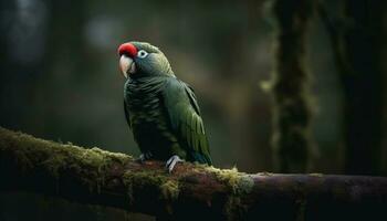 Colorful macaw perching on branch, looking at camera in forest generated by AI photo