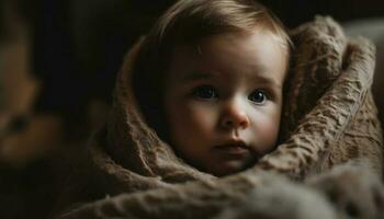 Cute baby boy portrait, innocence and beauty smiling at camera generated by AI photo