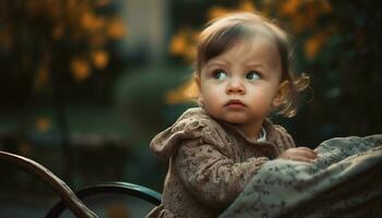Cute baby girl sitting in nature, enjoying new life outdoors generated by AI photo