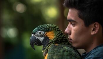 linda amarillo guacamayo mirando a cámara en tropical selva generado por ai foto