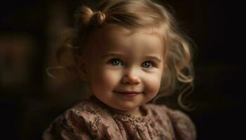 Cute smiling portrait of a cheerful Caucasian baby girl indoors generated by AI photo