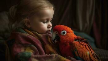 Cute child smiles while feeding playful macaw in vibrant forest generated by AI photo