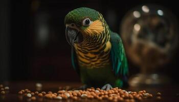 Vibrant macaw perching on branch, feathers multi colored beauty generated by AI photo