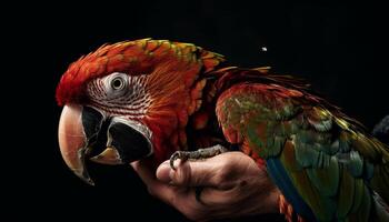 Vibrant gold and blue macaw perching on green branch outdoors generated by AI photo