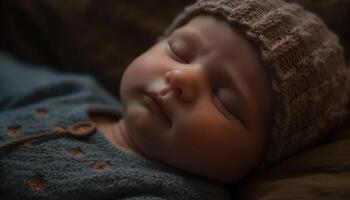 Cute newborn boy sleeping peacefully wrapped in soft knit blanket generated by AI photo