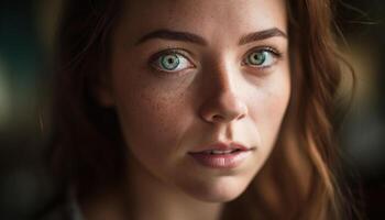 uno hermosa joven mujer, con marrón pelo y marrón ojos, sonriente generado por ai foto