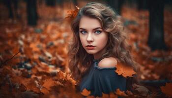 Autumn beauty one woman elegance and happiness in nature embrace generated by AI photo