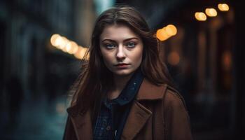 uno joven adulto mujer, al aire libre a noche, mirando elegante y confidente generado por ai foto