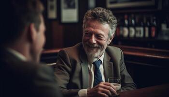 Two mature businessmen sitting at a table, drinking whiskey happily generated by AI photo