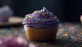 A vibrant cupcake with multi colored icing for a birthday celebration generated by AI photo