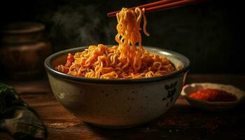 Freshly cooked vegetarian ramen noodles with organic vegetables and cilantro generated by AI photo