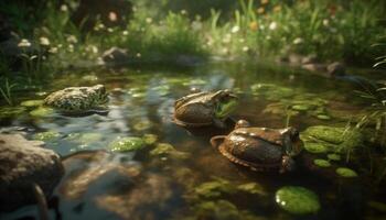 linda Tortuga nadando en agua dulce estanque rodeado por verde follaje generado por ai foto