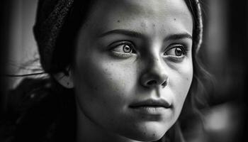 joven adulto mujer, retrato en negro y blanco, mirando a cámara generado por ai foto