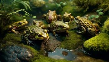 Green toad sitting on wet leaf in tropical rainforest pond generated by AI photo