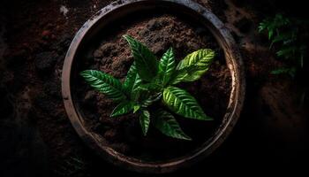 Fresh green seedling grows in organic dirt, surrounded by nature generated by AI photo