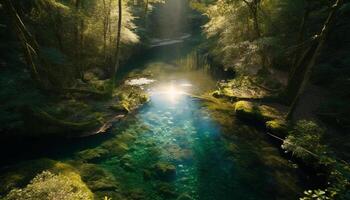 tranquilo escena de un montaña acantilado con fluido agua y verde follaje generado por ai foto