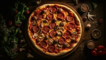 Rustic gourmet pizza baked with fresh mozzarella and Italian culture generated by AI photo