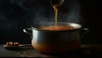 hirviendo sopa en rústico caldera en de madera fuego para Víspera de Todos los Santos banquete generado por ai foto