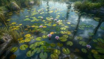 tranquilo escena de loto agua lirio en natural belleza submarino generado por ai foto
