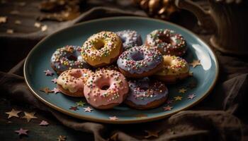 Homemade donut with chocolate icing, candy, and multi colored sprinkles generated by AI photo