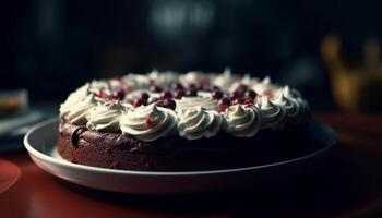 Sweet indulgence on a plate chocolate cake with whipped cream generated by AI photo