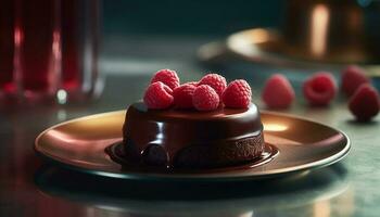 Indulgent gourmet dessert plate with fresh berry fruit and chocolate generated by AI photo