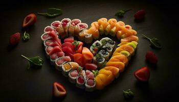 Fresh seafood meal sushi, sashimi, and nigiri on plate generated by AI photo