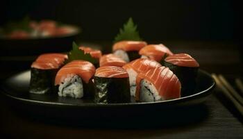 Fresh seafood meal on plate sashimi, maki sushi, nigiri, rice generated by AI photo