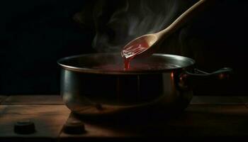 Wooden spoon stirs soup in rustic kitchen on old stove generated by AI photo