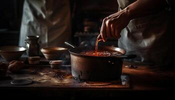 Rustic homemade meal preparation using natural flame and cast iron pan generated by AI photo