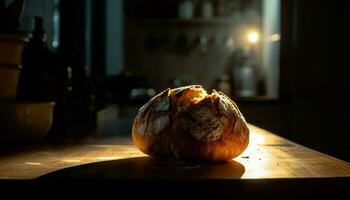 recién horneado un pan en rústico de madera mesa en Doméstico cocina generado por ai foto