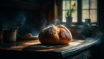 Rustic homemade bread baked in wood fired oven for healthy lunch generated by AI photo