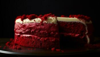 Layered chocolate cake with whipped cream, raspberry and strawberry decoration generated by AI photo