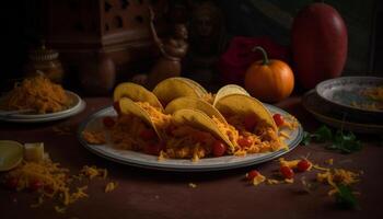 Mexican gourmet meal beef taco with guacamole on flatbread plate generated by AI photo