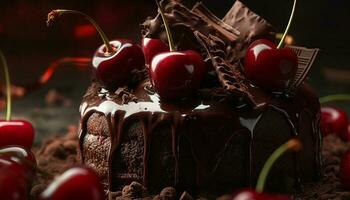 Indulgent chocolate cheesecake with fresh berry decoration on wooden table generated by AI photo