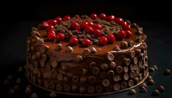 Indulgent homemade chocolate cheesecake with raspberry and almond decoration generated by AI photo