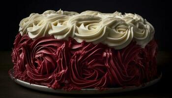 gastrónomo Boda pastel con chocolate Formación de hielo, Fresco Fruta y flores generado por ai foto