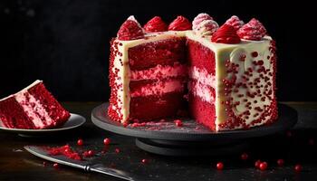 A decadent homemade cheesecake with raspberry and strawberry decoration generated by AI photo