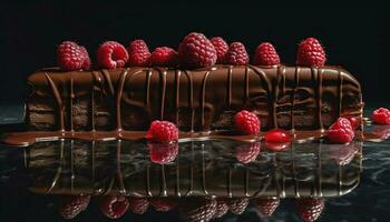 gastrónomo chocolate postre con frambuesa y fresa indulgencia decoración generado por ai foto