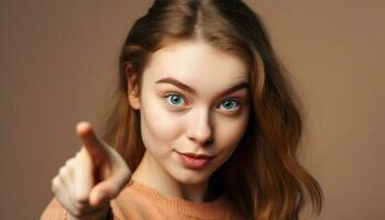 One young woman, with brown hair, looking at camera smiling generated by AI photo